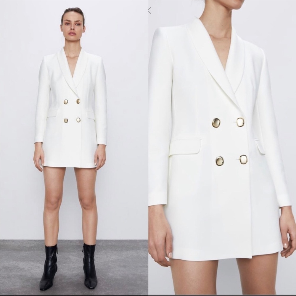 NWT Zara Women Double Breasted Buttoned Frock Coat White